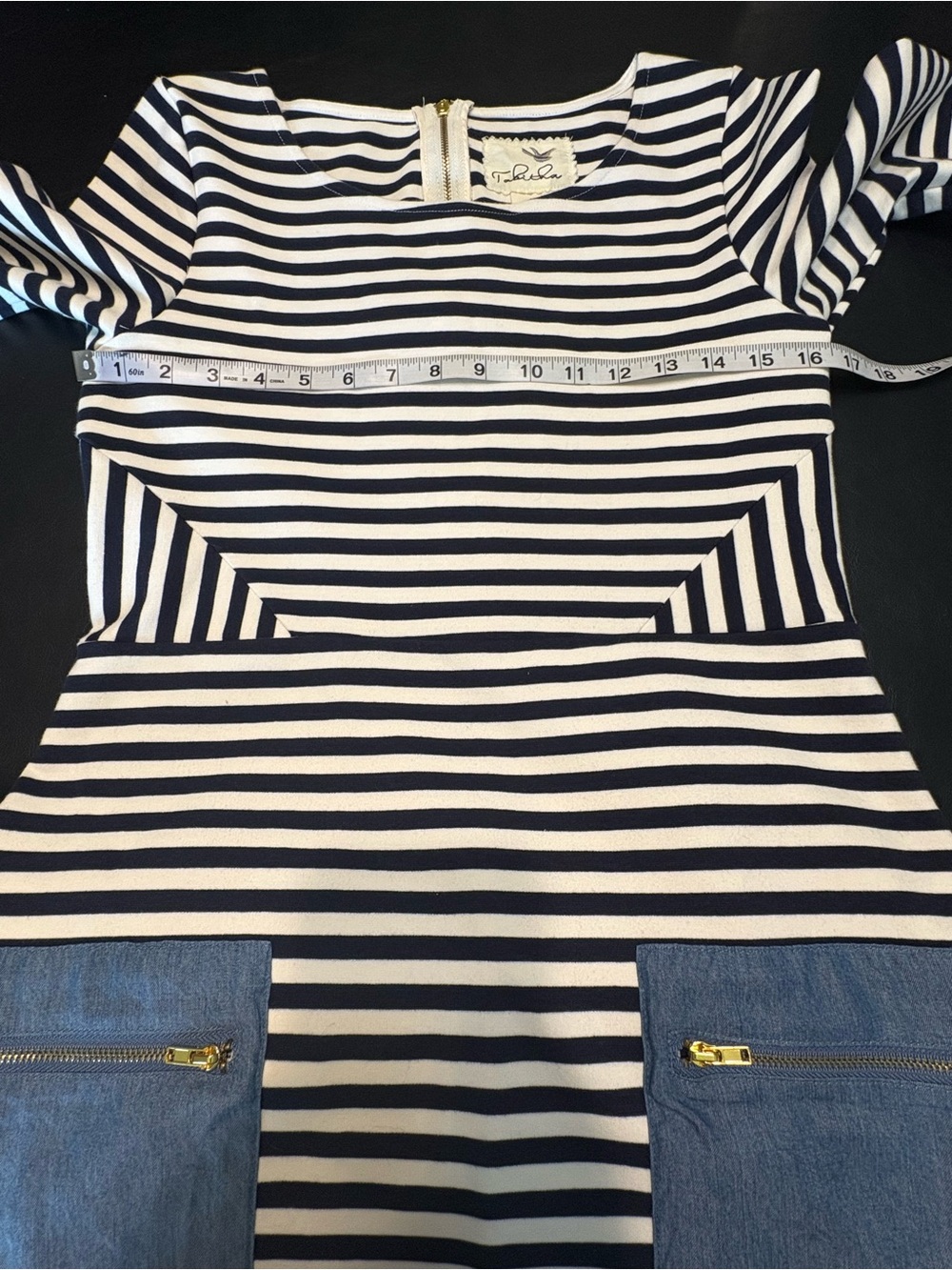 Tabitha Black and White Striped Midi Dress with Denim Patch Pockets - Picture 8 of 13